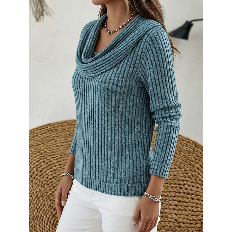Women's peacock blue cowl-neck ribbed knit top with stretch