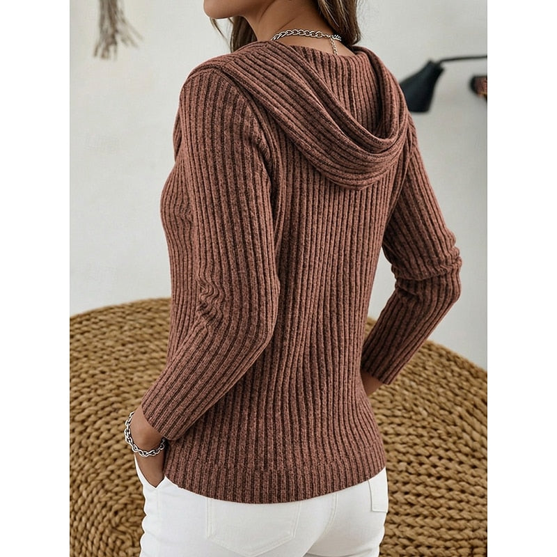 Women's dark brown cowl-neck ribbed knit top with stretch