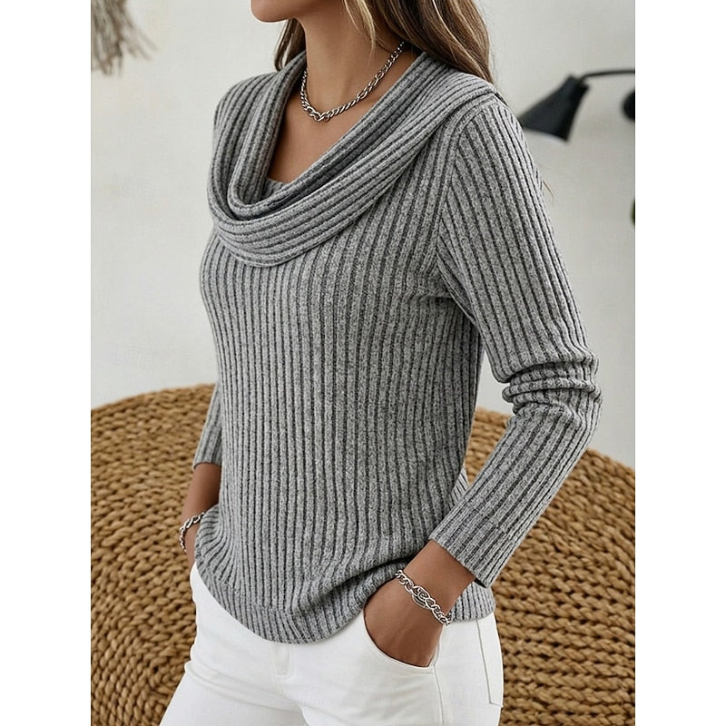 Women's dark brown cowl-neck ribbed knit top with stretch