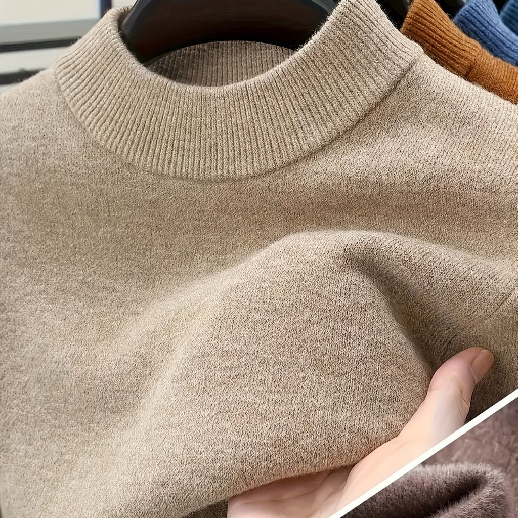 Men's camel slim-fit mock neck knit sweater with a ribbed collar