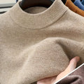 Men's camel slim-fit mock neck knit sweater with a ribbed collar