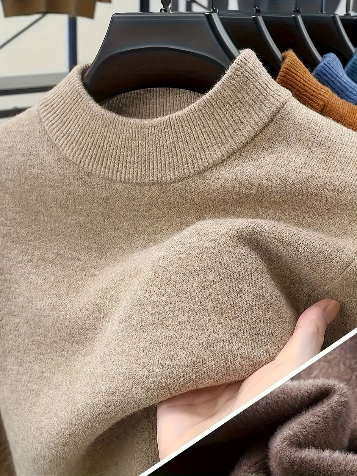 Men's camel slim-fit mock neck knit sweater with a ribbed collar