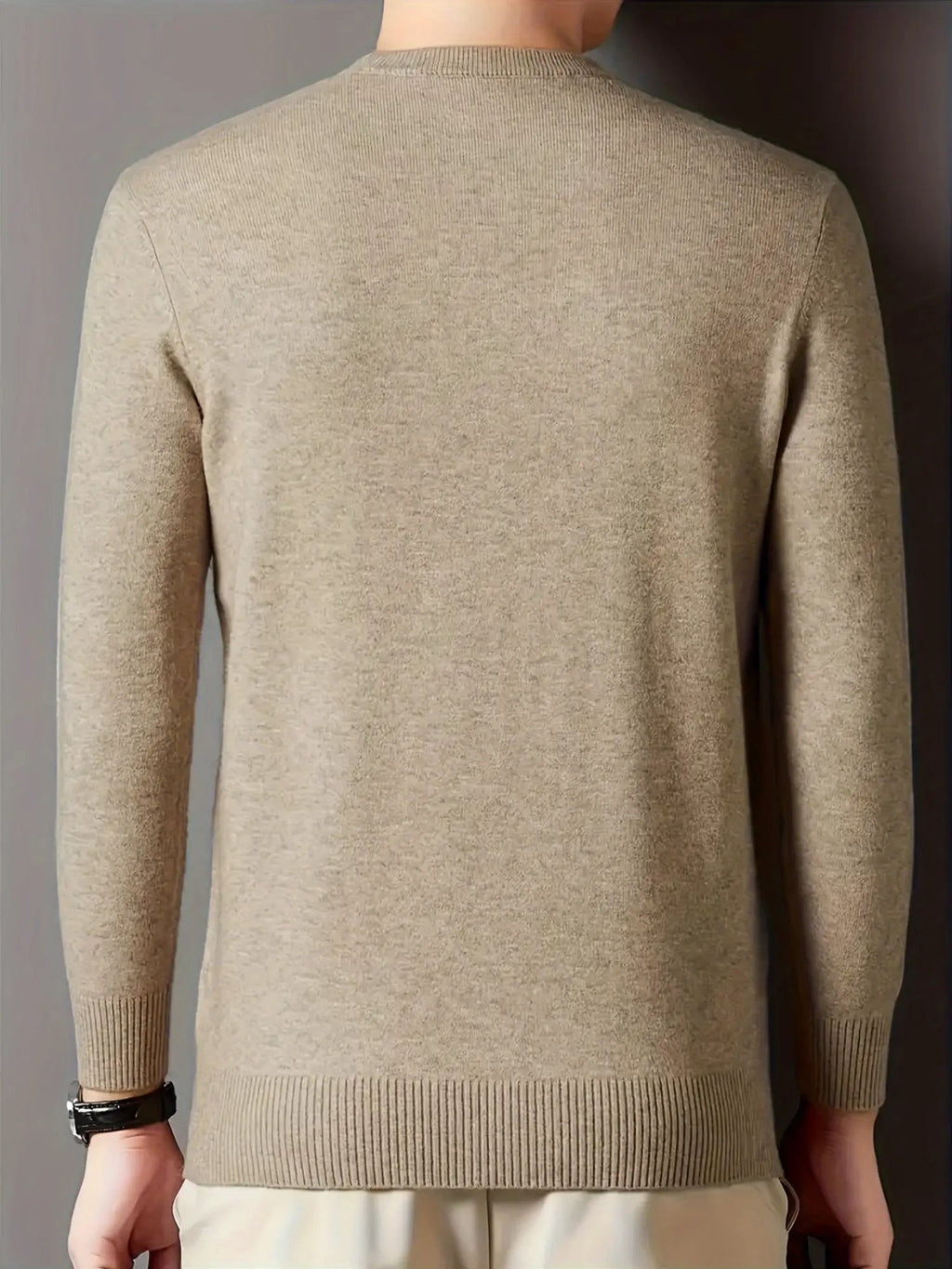 Men's camel slim-fit mock neck knit sweater, back view with ribbed hem