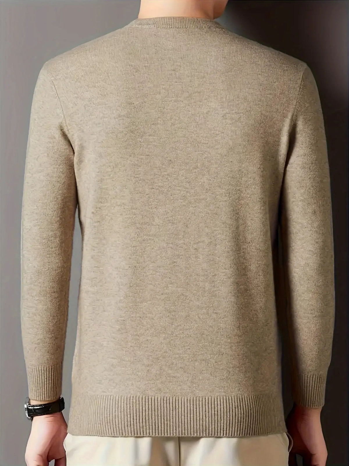 Men's camel slim-fit mock neck knit sweater, back view with ribbed hem
