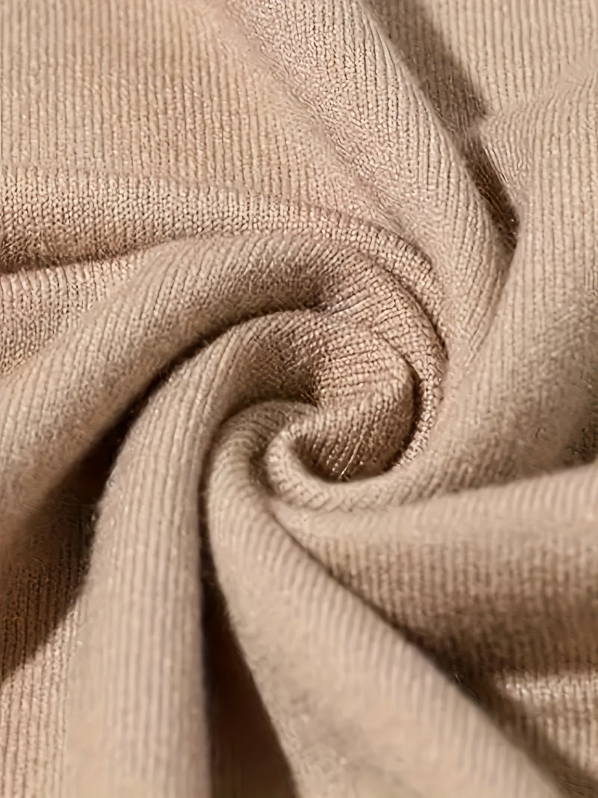 Men's camel slim-fit mock neck knit sweater, knit fabric detail