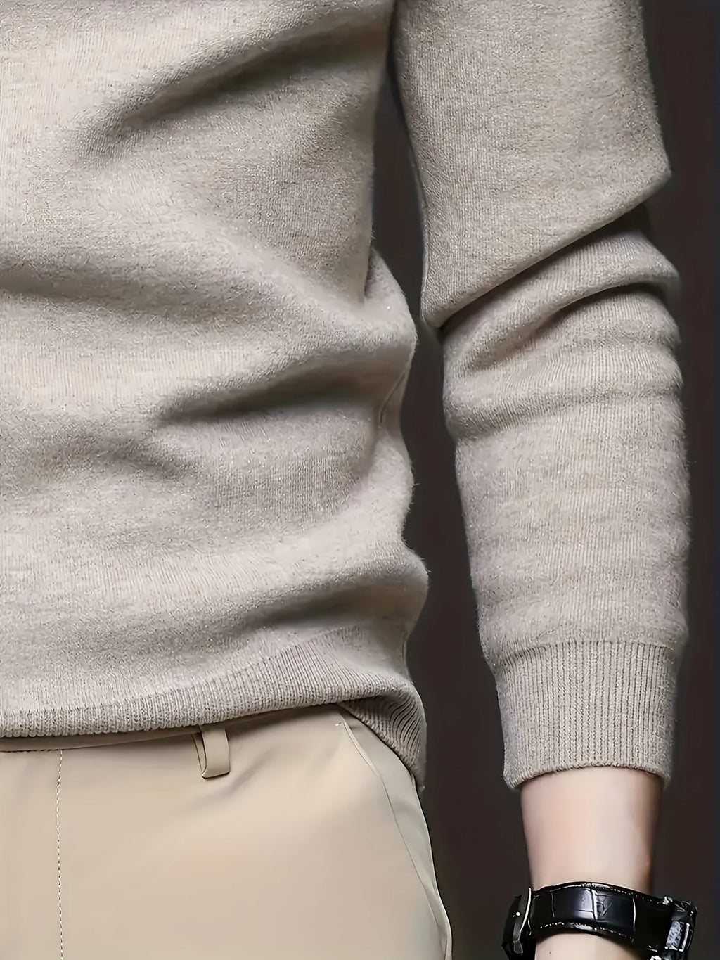 Men's camel slim-fit mock neck knit sweater, sleeve and cuff detail