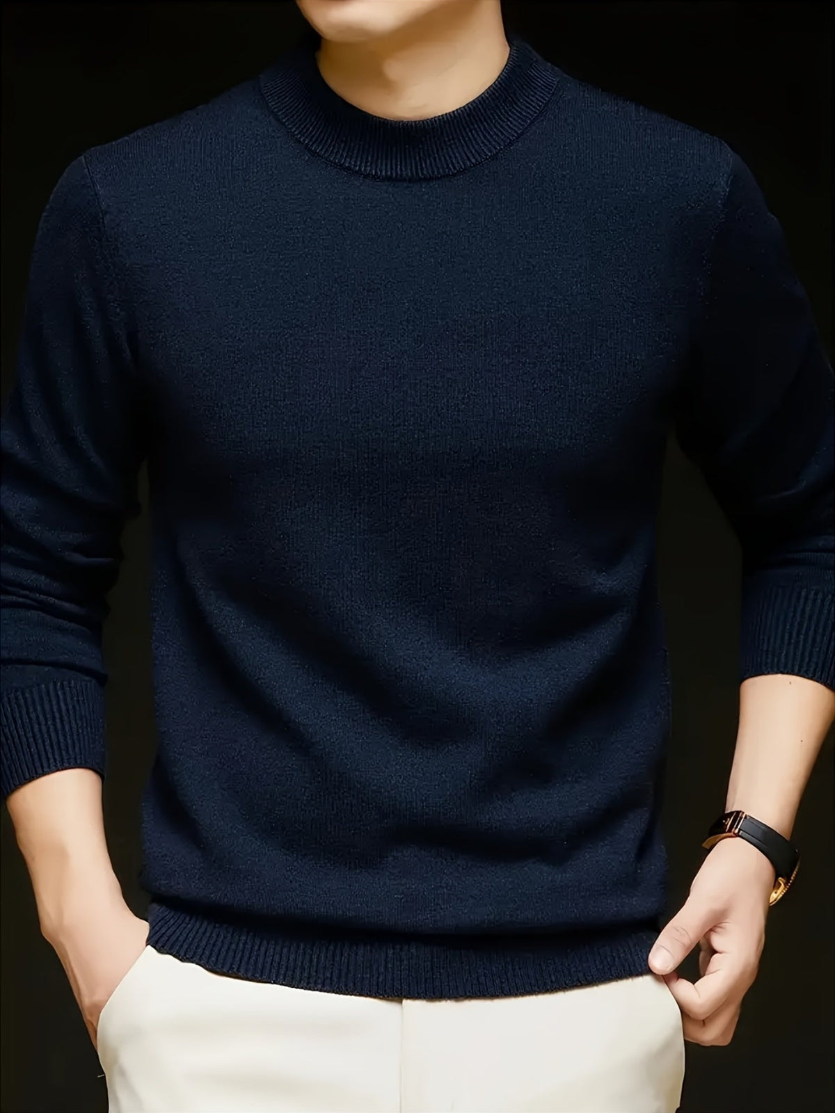 Men's navy slim-fit mock neck knit sweater with a ribbed collar
