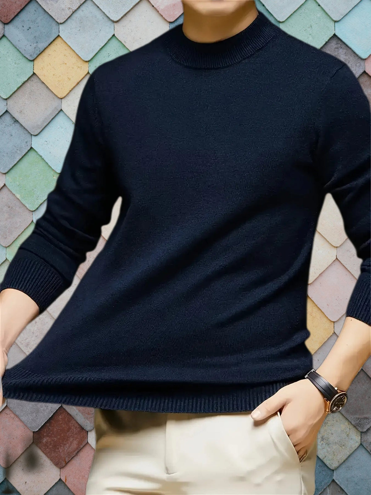 Men's navy slim-fit mock neck knit sweater with a ribbed collar