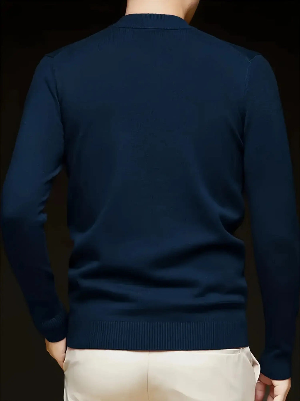 Men's navy slim-fit mock neck knit sweater with a ribbed collar