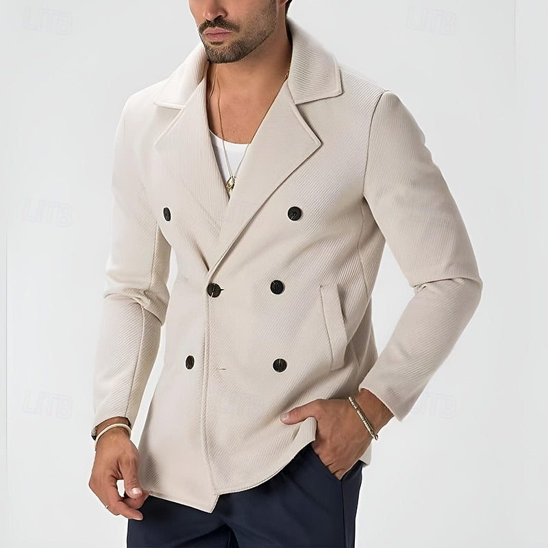 Men's white double-breasted corduroy coat with notch lapel, front view