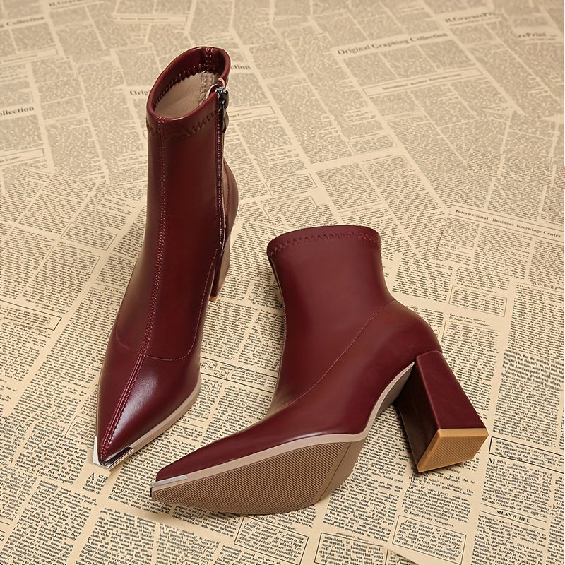 Women's pointed-toe chunky heel ankle boots with a side zip