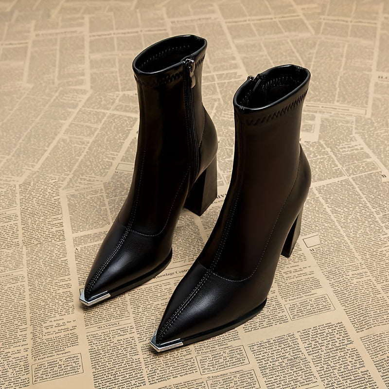 Women's pointed-toe chunky heel ankle boots with a side zip