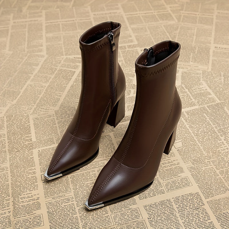 Women's pointed-toe chunky heel ankle boots with a side zip