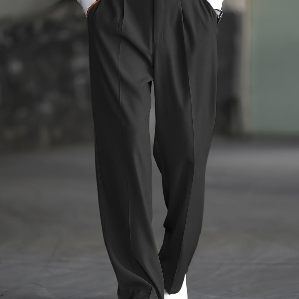 Men's black wide-leg dress trousers with a tailored, relaxed fit