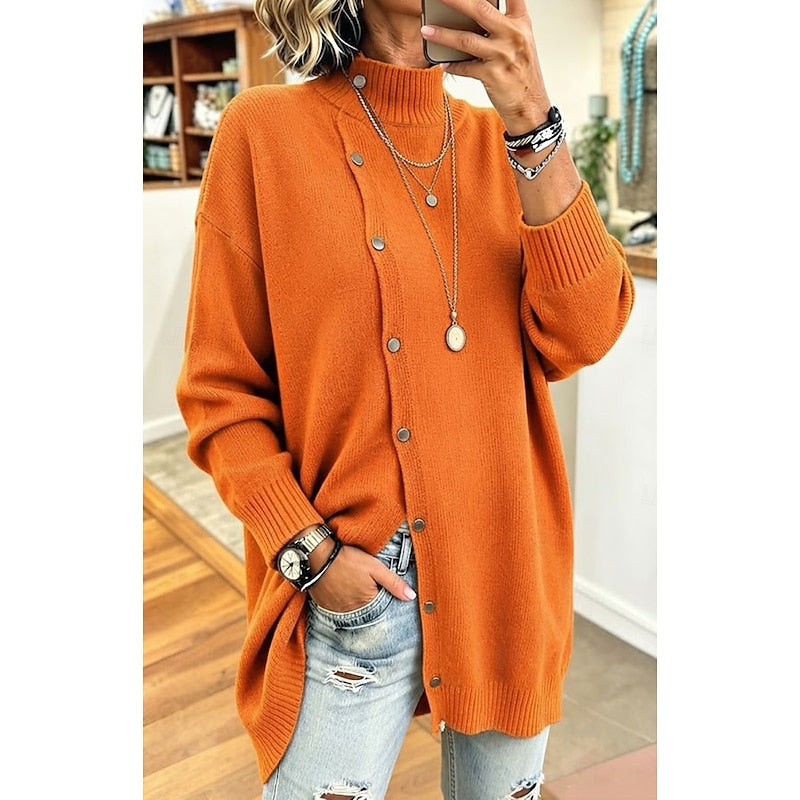 Women's orange longline ribbed knit turtleneck cardigan with a button front