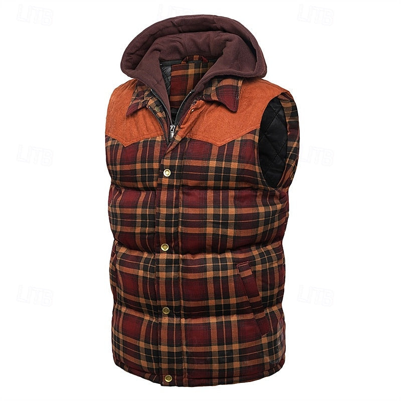 Men's hooded quilted plaid vest with roomy front pockets