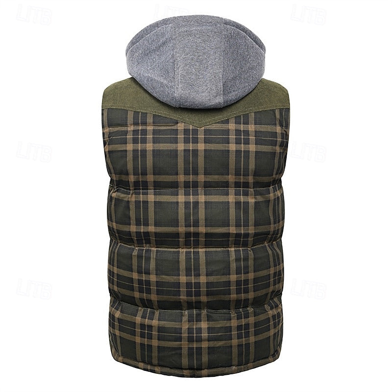 Men's hooded quilted plaid vest with roomy front pockets