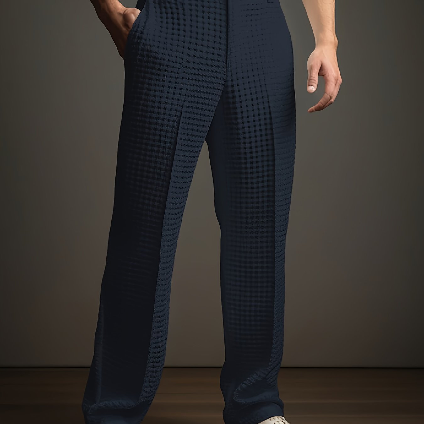 Men's navy tailored straight-leg trousers with a textured finish
