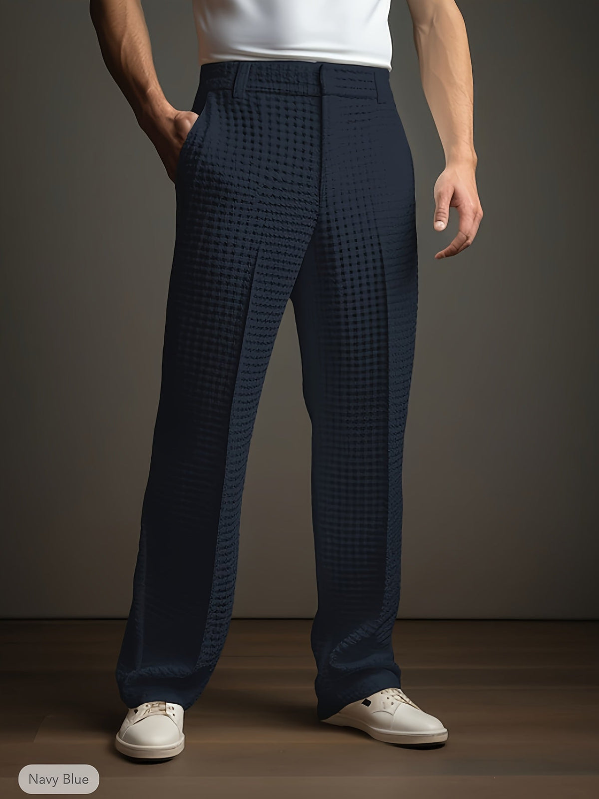 Men's navy tailored straight-leg trousers, front view