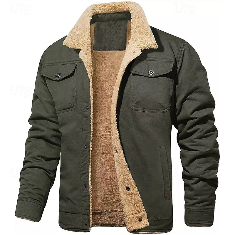 Men's army green sherpa-lined trucker jacket with fold-down collar