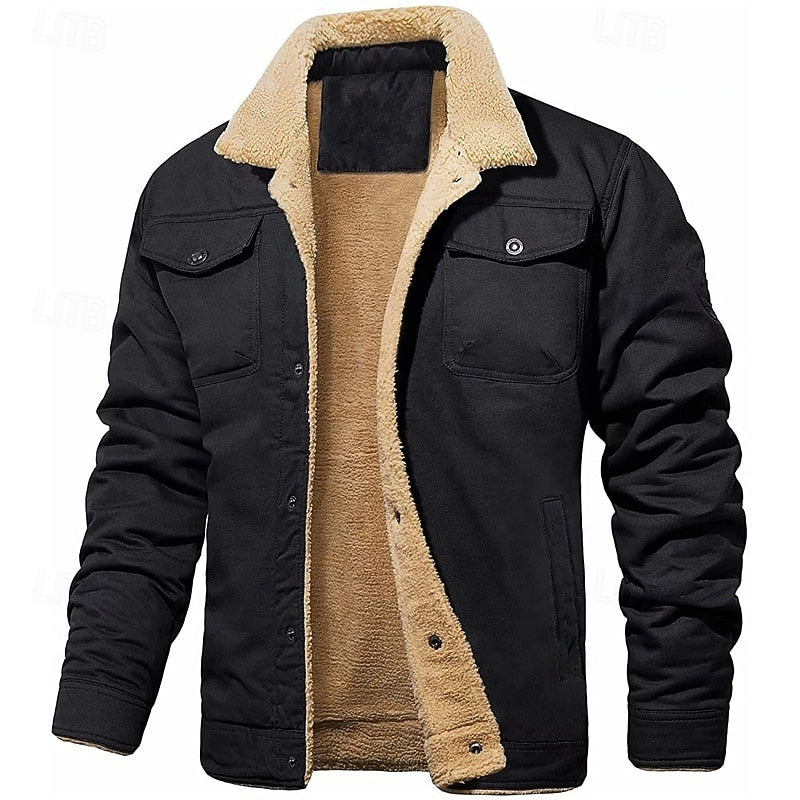 Men's black sherpa-lined trucker jacket with fold-down collar