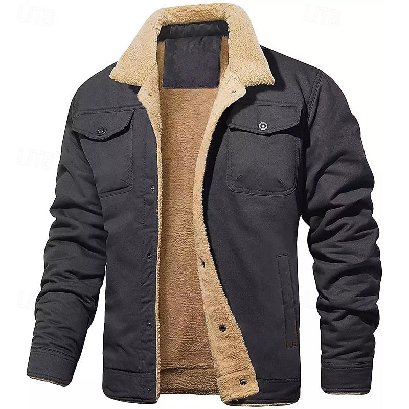 Men's dark gray sherpa-lined trucker jacket with fold-down collar