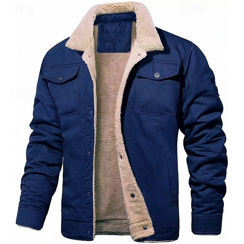 Men's dark blue sherpa-lined trucker jacket with fold-down collar