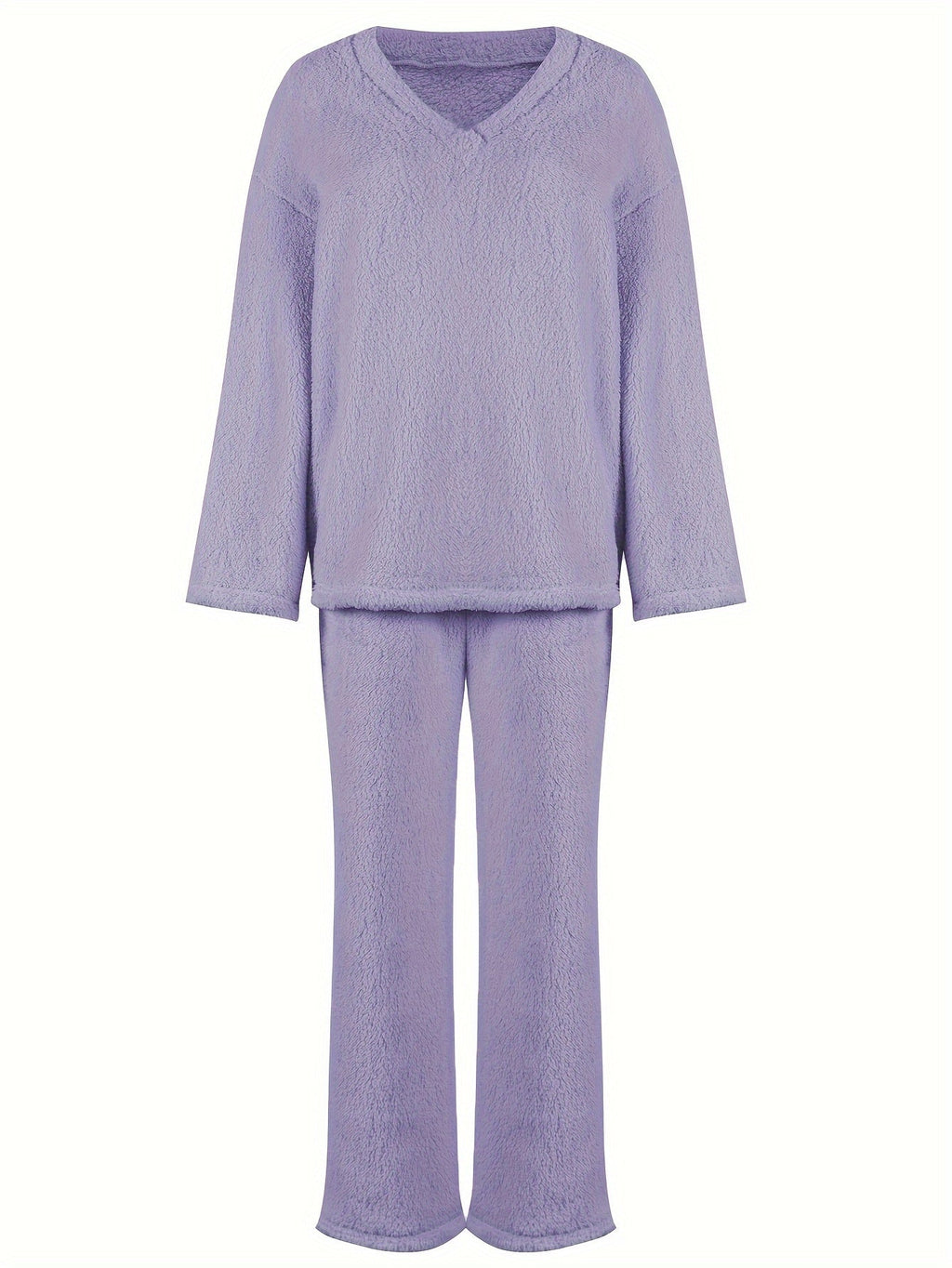 Women's purple fleece loungewear set with wide-leg pants, flat lay