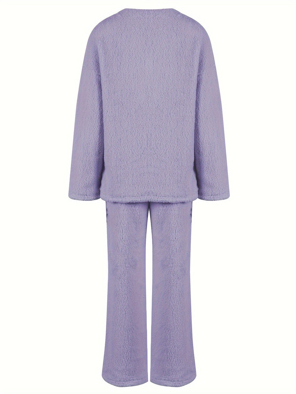 Women's purple fleece loungewear set, back view flat lay