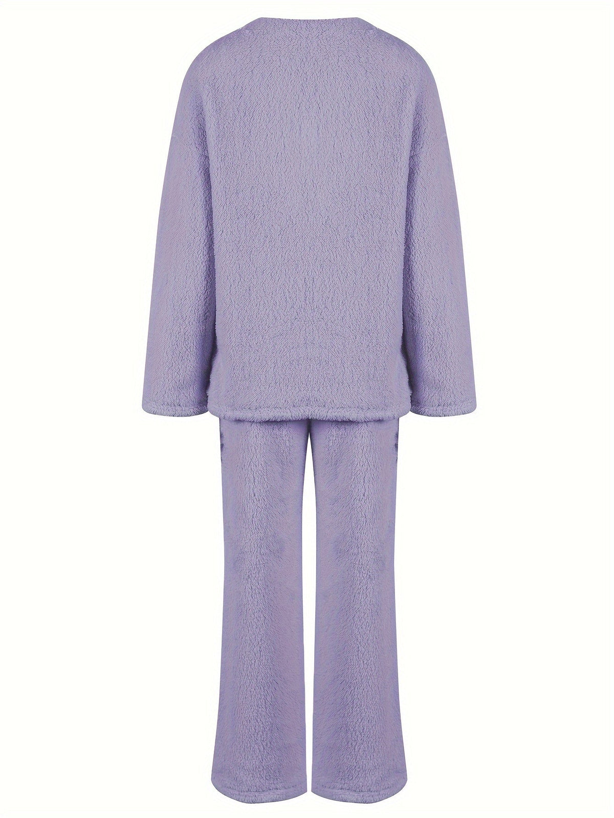 Women's purple fleece loungewear set, back view flat lay