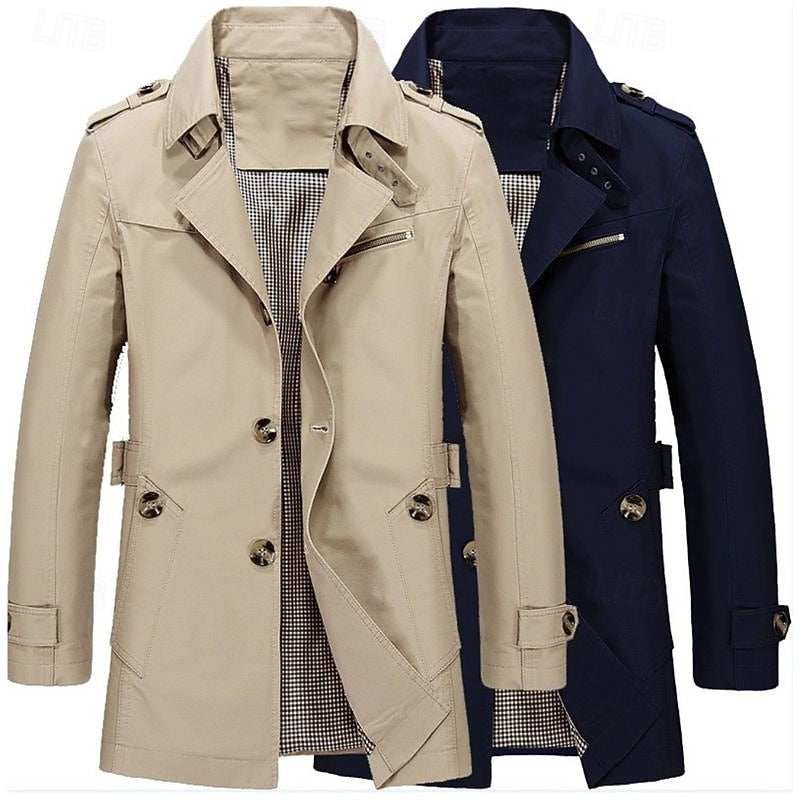 Men's single-breasted cotton trench coat with checked lining