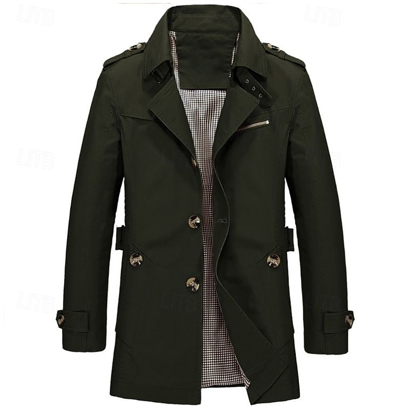 Men's navy blue single-breasted cotton trench coat with checked lining