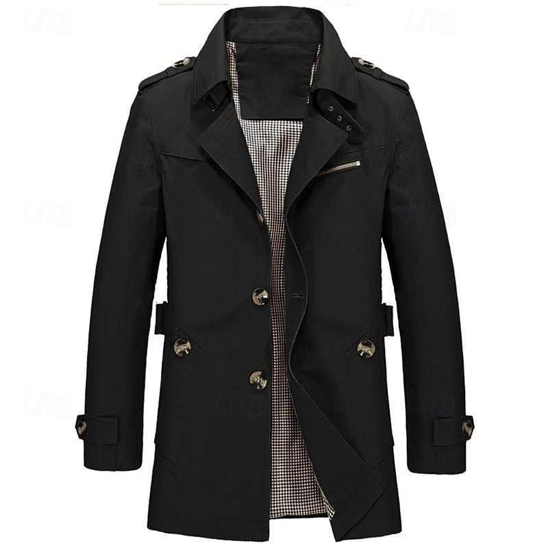 Men's navy blue single-breasted cotton trench coat with checked lining