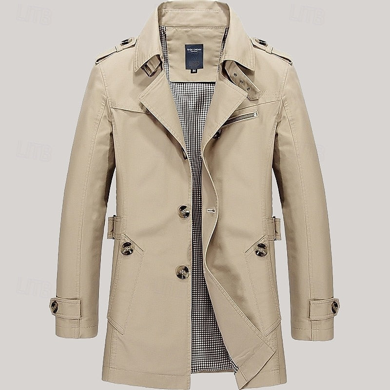 Men's beige single-breasted cotton trench coat with checked lining