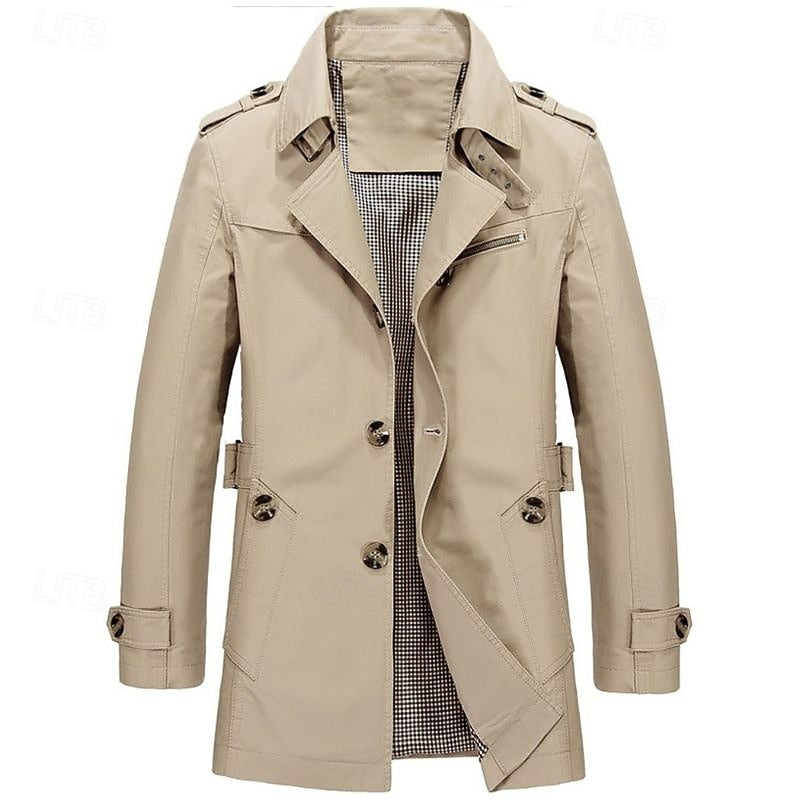 Men's beige single-breasted cotton trench coat with checked lining