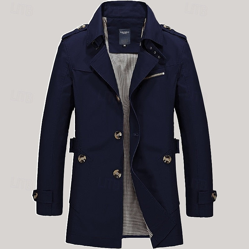 Men's navy blue single-breasted cotton trench coat with checked lining