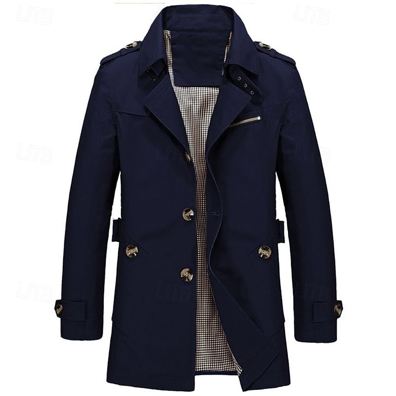 Men's navy blue single-breasted cotton trench coat with checked lining