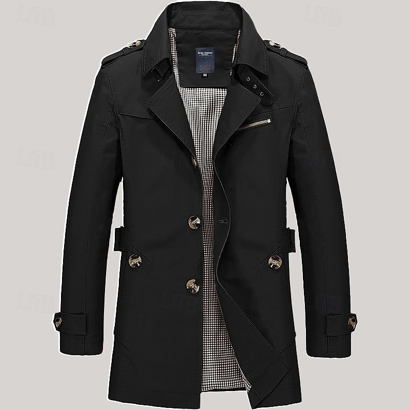Men's navy blue single-breasted cotton trench coat with checked lining