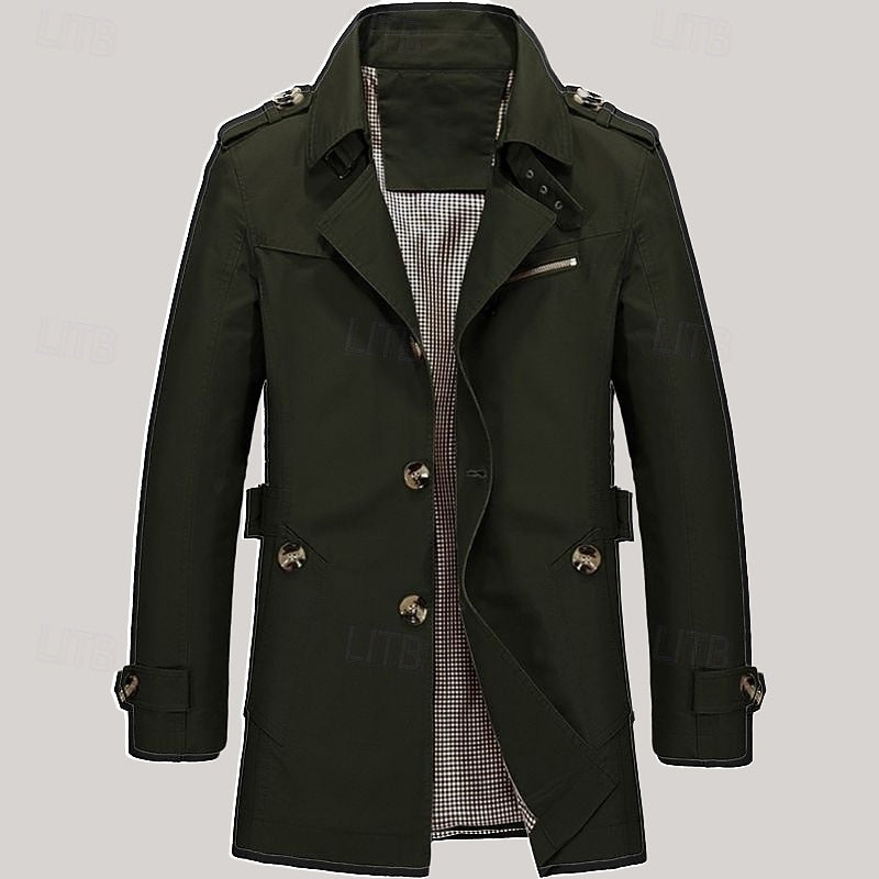 Men's navy blue single-breasted cotton trench coat with checked lining