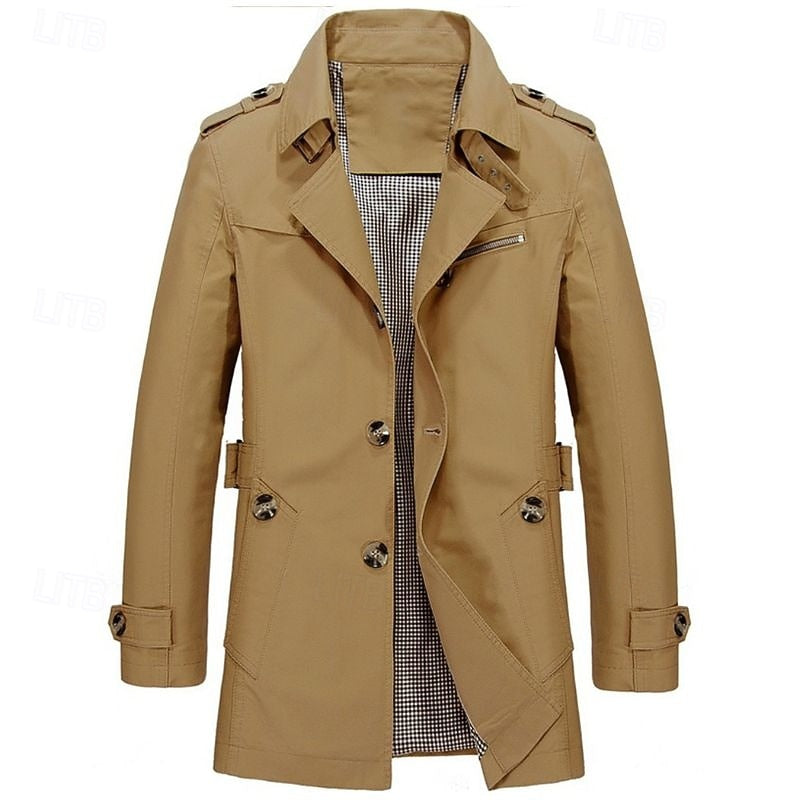 Men's navy blue single-breasted cotton trench coat with checked lining