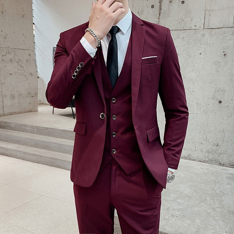 Men's tailored three-piece wedding suit with jacket, vest, and pants