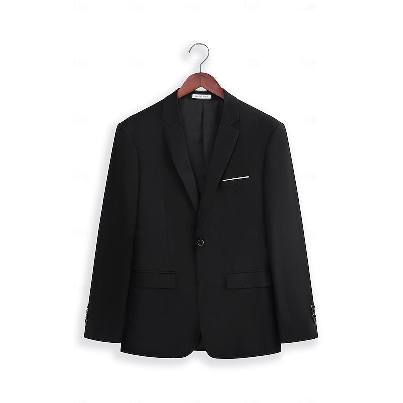 Men's tailored three-piece wedding suit with jacket, vest, and pants