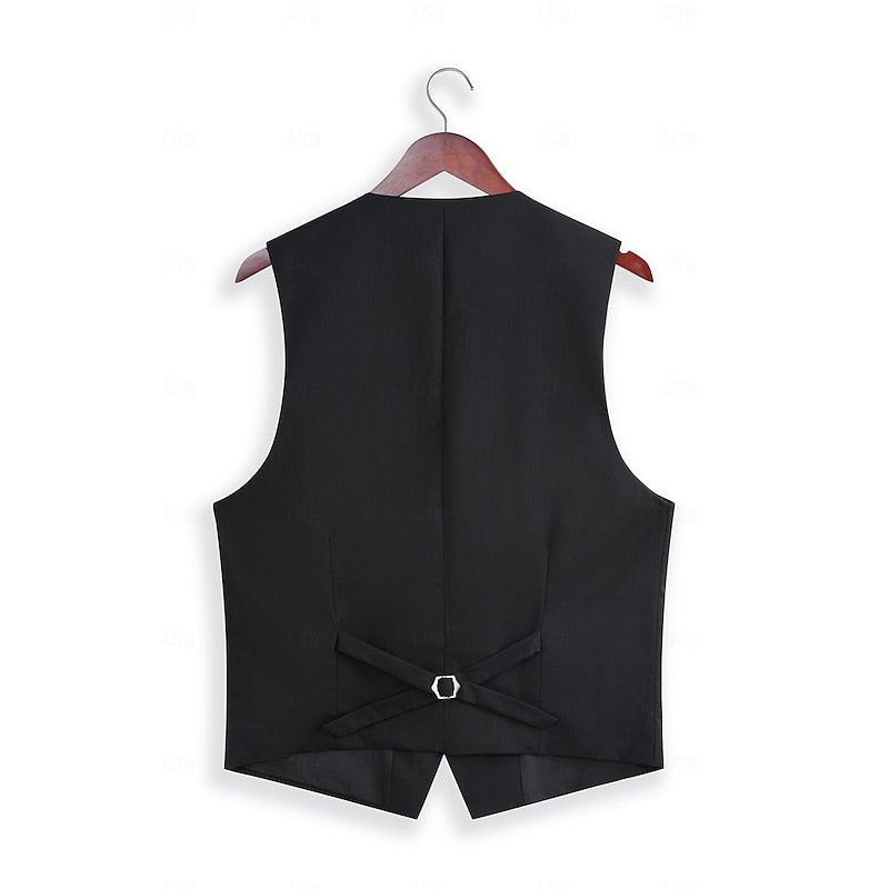 Men's tailored three-piece wedding suit with jacket, vest, and pants