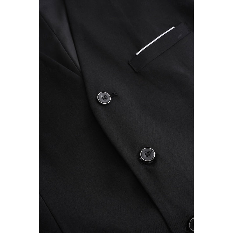 Men's tailored three-piece wedding suit with jacket, vest, and pants