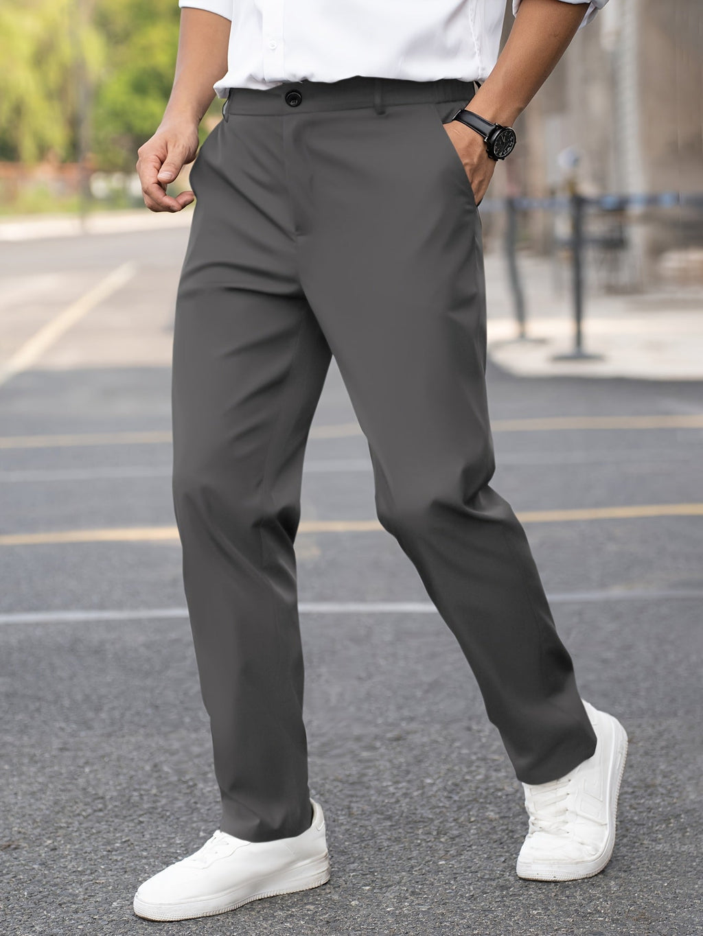 Men's tailored dress pants, back pocket detail