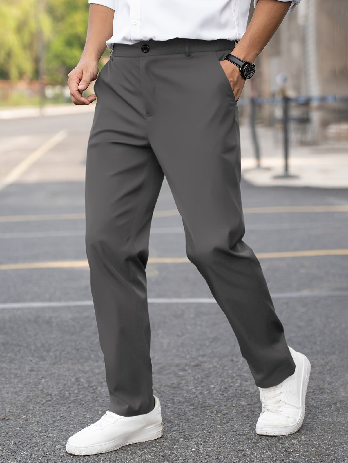 Men's tailored dress pants, back pocket detail