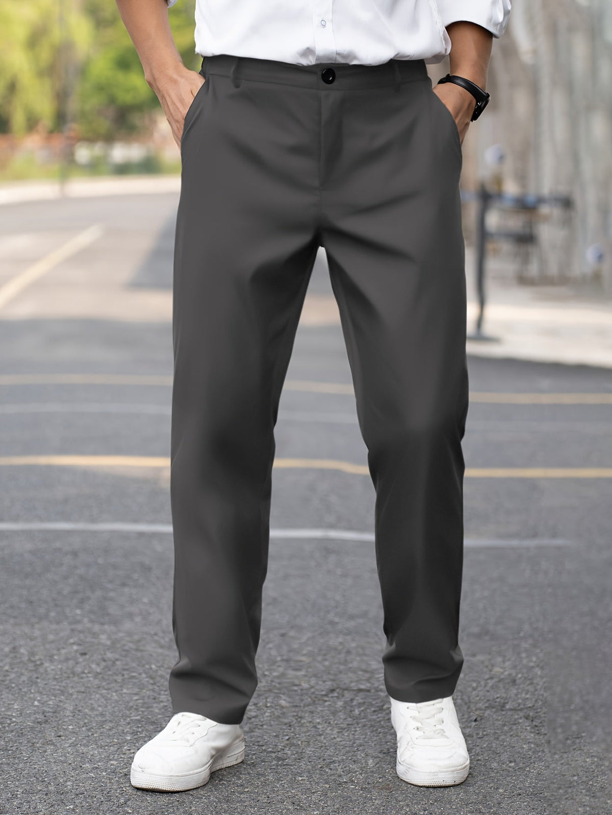 Men's tailored dress pants, back pocket detail