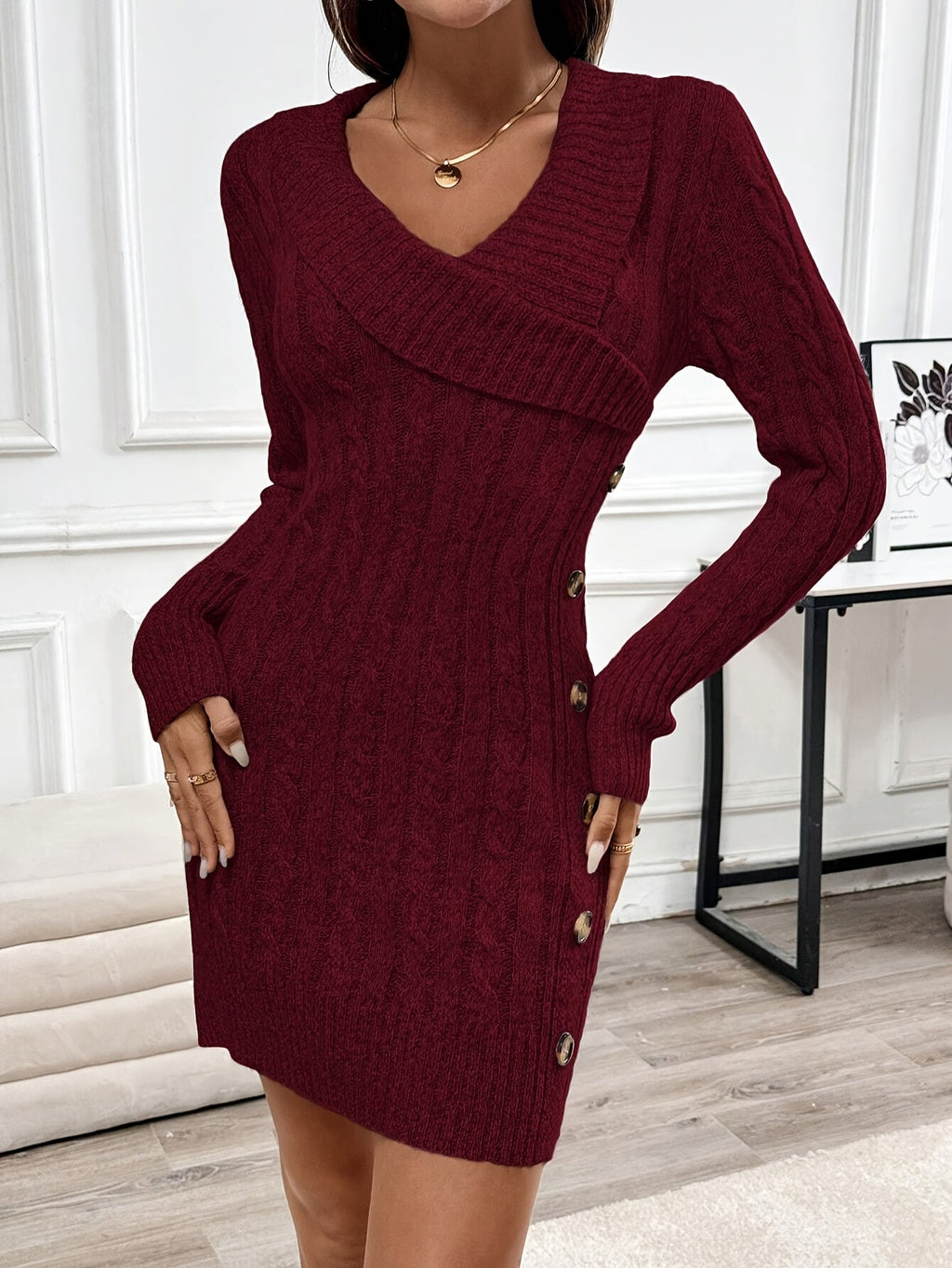 Women's burgundy cable knit sweater dress with wrap collar