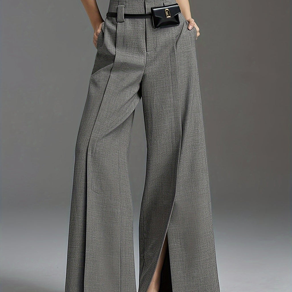 Women's grey high-waisted wide-leg trousers with front slit detail