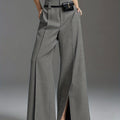 Women's grey high-waisted wide-leg trousers with front slit detail